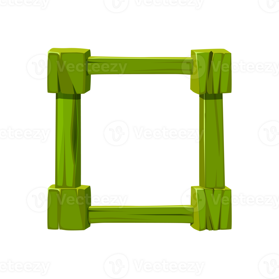 Wooden game frame or border. Green plank and panel for 2D game interface design and UI element. png