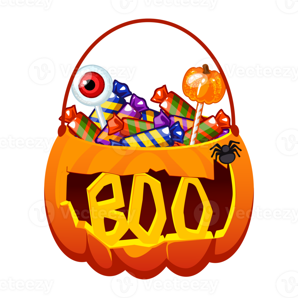 Halloween Pumpkin bucket with candies. Pumpkin Bag with lollipops, sweets, candy. Trick or treat Basket with text BOO png