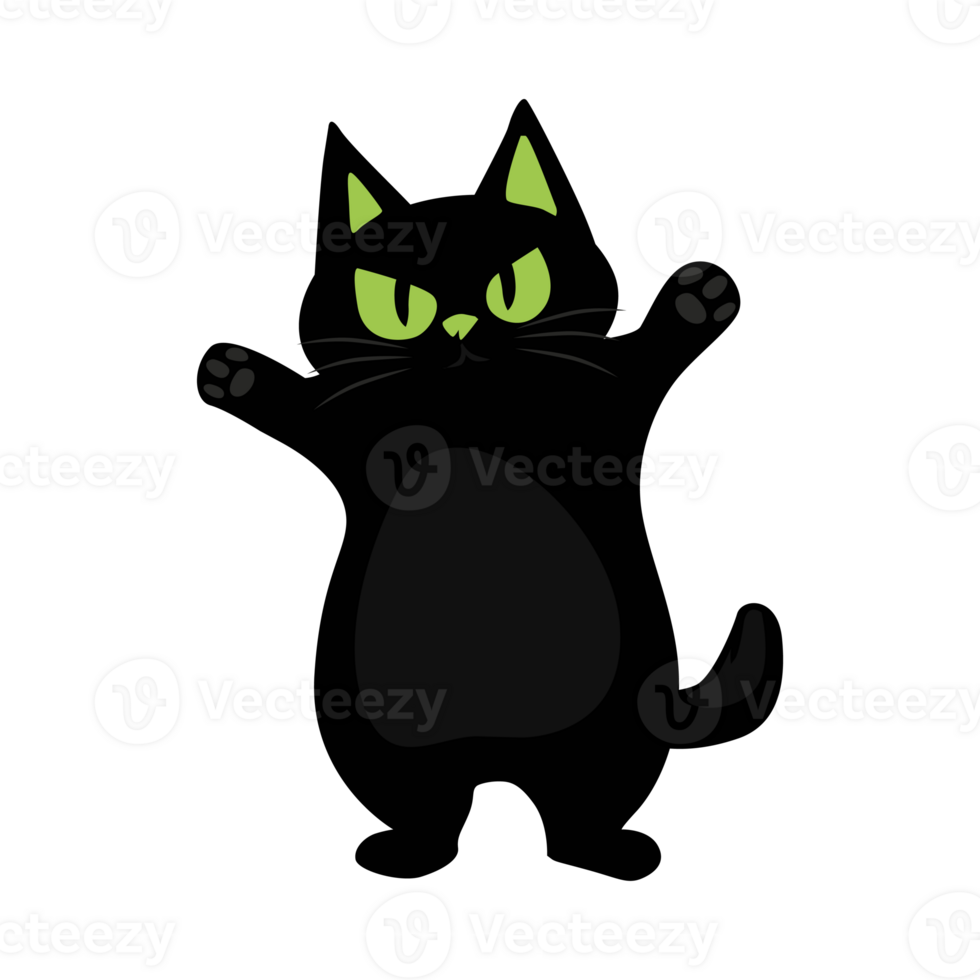 Illustration of cute happy black cat with green eyes png