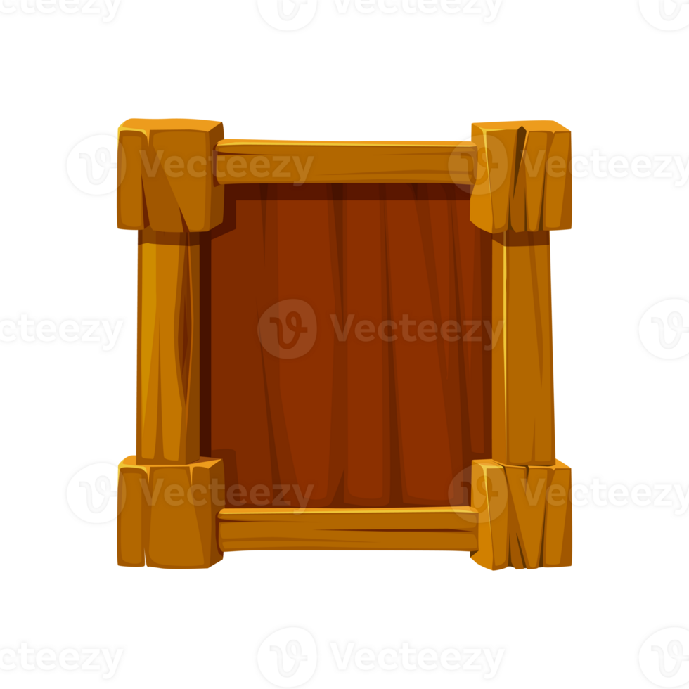 Wooden game frame or border. Brown plank and panel for 2D game interface design and UI element png