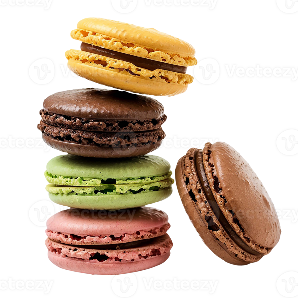A stack of colorful macarons isolated on a transparent background. AI Generate png
