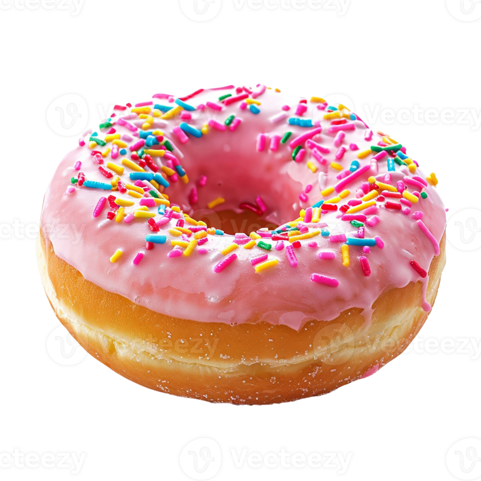 A delicious donut with pink icing and colorful sprinkles. AI Generate png