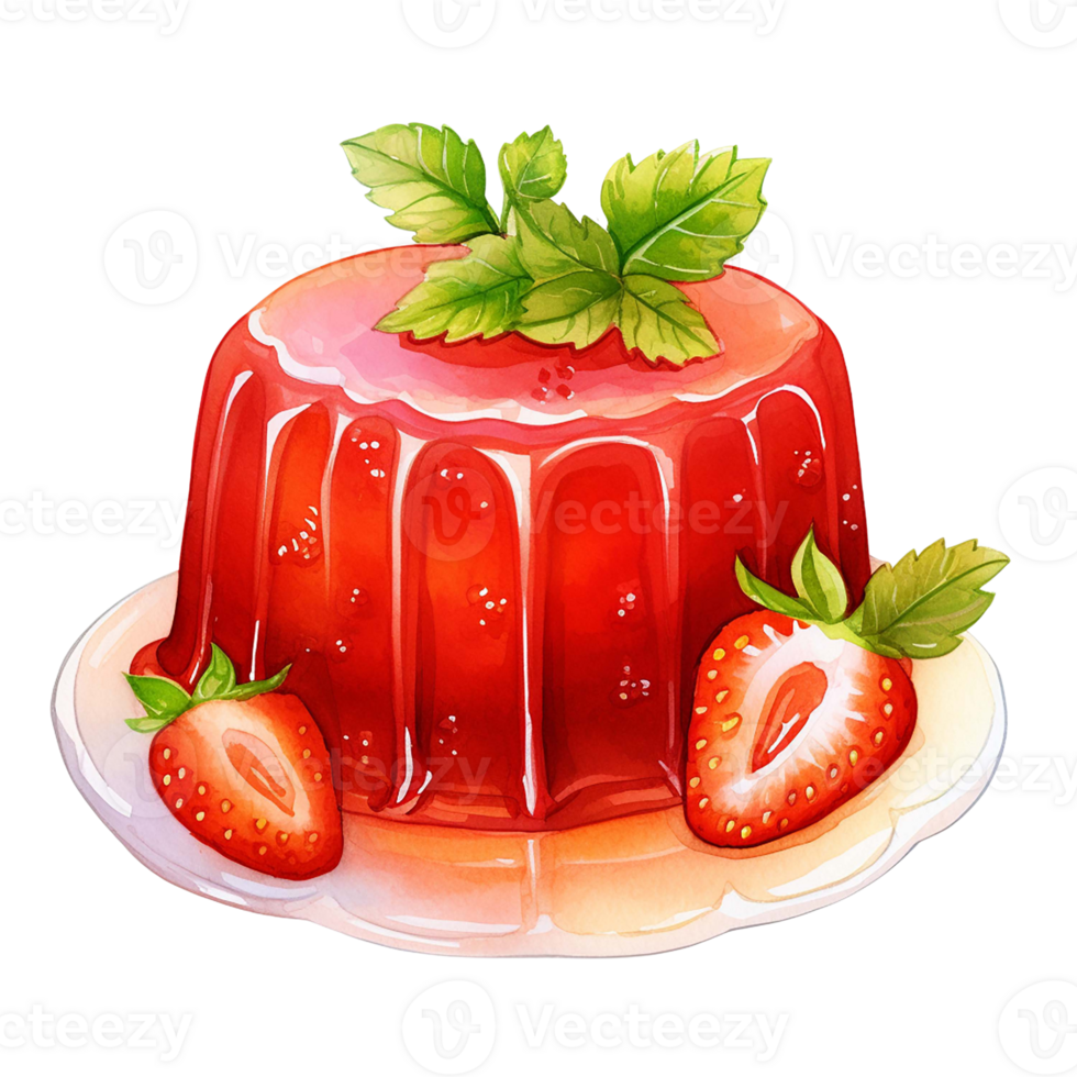 Red jelly with strawberry on white plate, 3D illustration AI Generate png