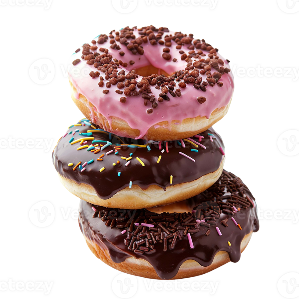 Three donuts with different toppings on a white background. AI Generate png