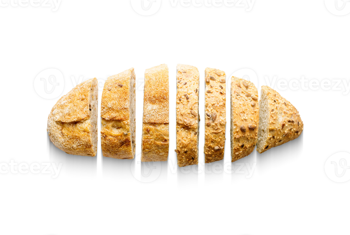 Cutting fresh baked bread on a white background top view. png