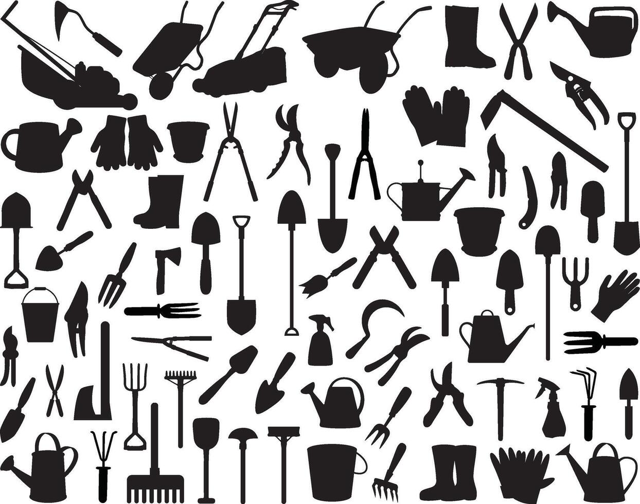 Garden work tools silhouette on white background vector