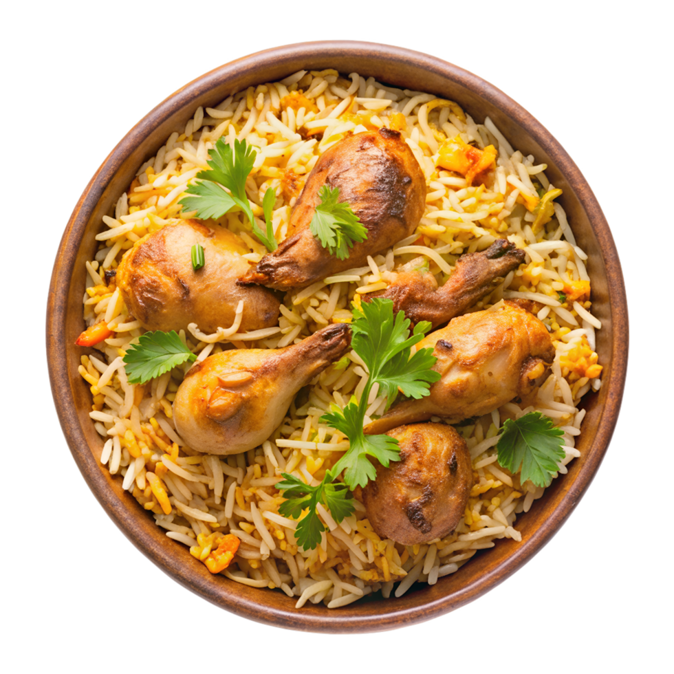 A Bowl of Delicious Biryani With Chicken Pieces png