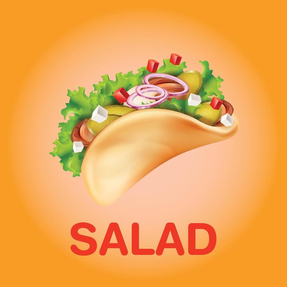 Salads lettering and illustration. Restaurant cafe bar menu title. Salad with lettuce tomatoes cucumber olive and cheese. vector