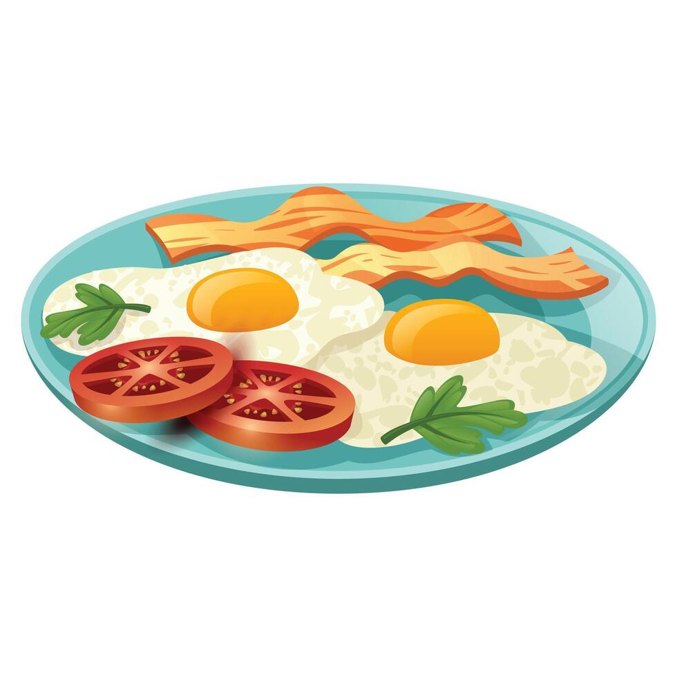 Egg Breakfast, cup, tea, bread, salad, jam, vector