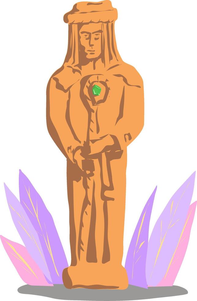 Wooden Idol Figurine Man with Staff and Green Gem on Chest. illustration wooden idol man in headdress orange gold color on transparent background. A monument to a magician or a clumsily made vector