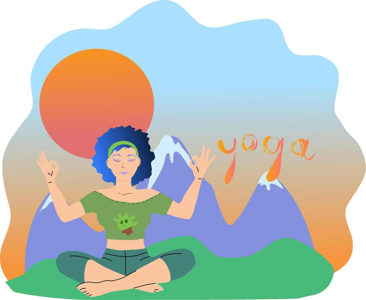 yoga niña con corto azul pelo y verde camiseta en meditativo pose. ilustración niña es comprometido en su dibujos animados sin carrera y ataque. el brazos son elevado y el pulgares con el índice vector