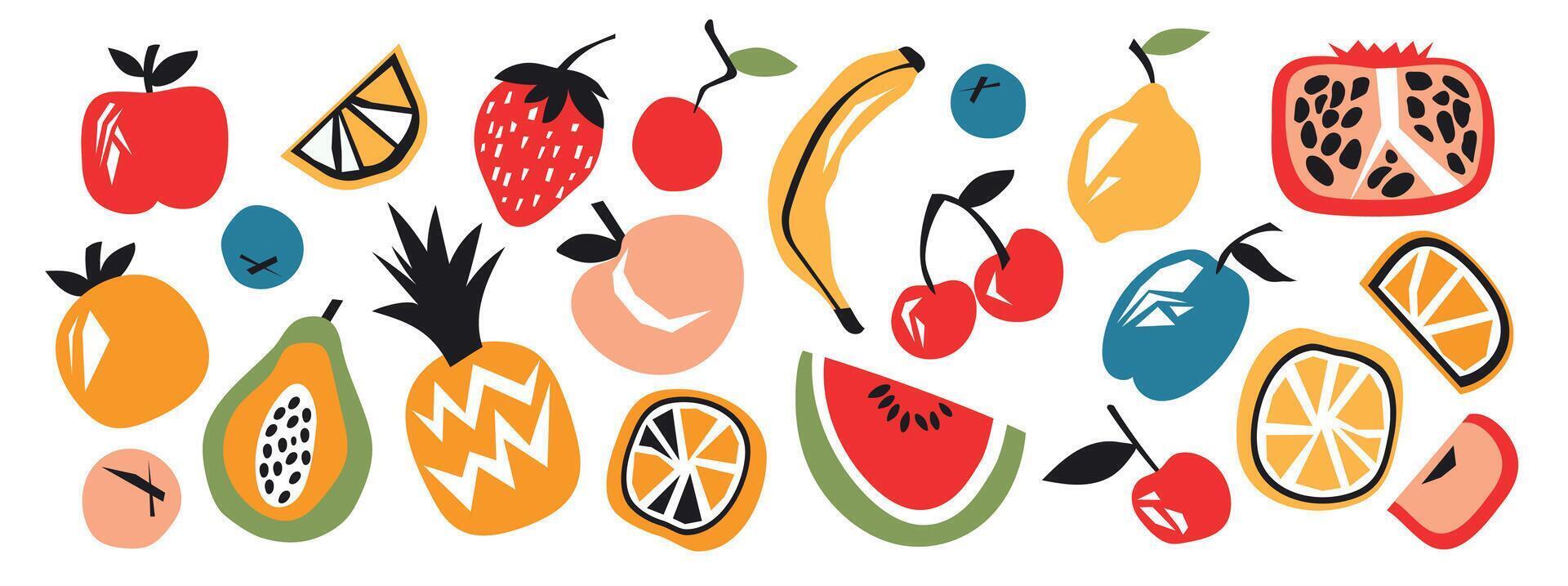 conjunto de varios resumen frutas y bayas. contemporáneo de moda ilustración. Fruta colección diseño para interior, póster, cubrir, bandera. todas elementos son aislado. vector