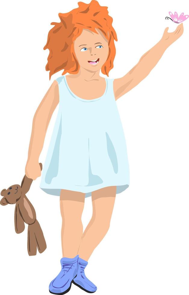 natural ilustración de un pequeño pelirrojo niña caminando detrás un mariposa en un verano vestido de verano ilustración de un niña arriba a seis años antiguo caminando con un osito de peluche oso en su mano y alcanzando para vector