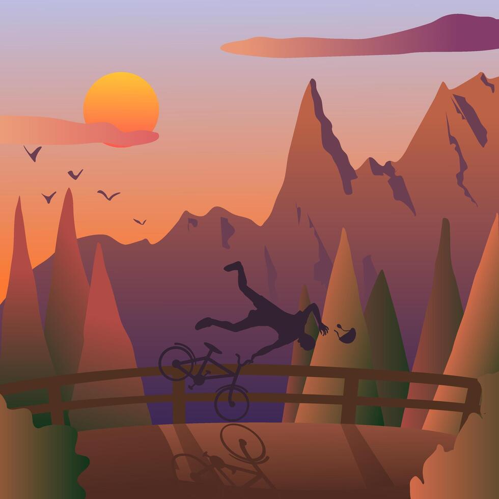 There is a fence by the road. The cyclist crashed into the fence. A man flies into the abyss after falling off a bicycle. illustration An emergency situation where a person crashed into a fence vector