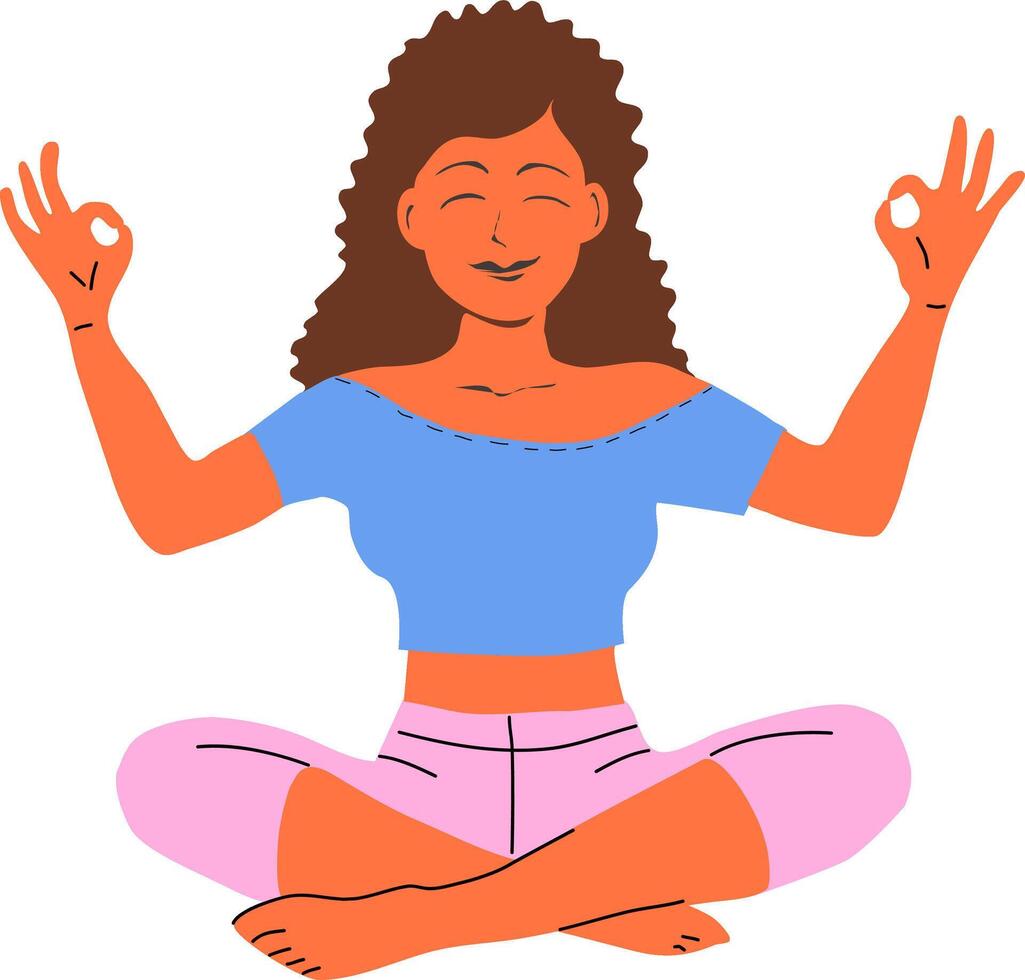 de piel oscura niña con marrón pelo en yoga actitud meditando el niña es vistiendo servicial ropa de deporte o hogar ropa, azul parte superior y rosado polainas. ilustración yoga niña en transparente antecedentes vector