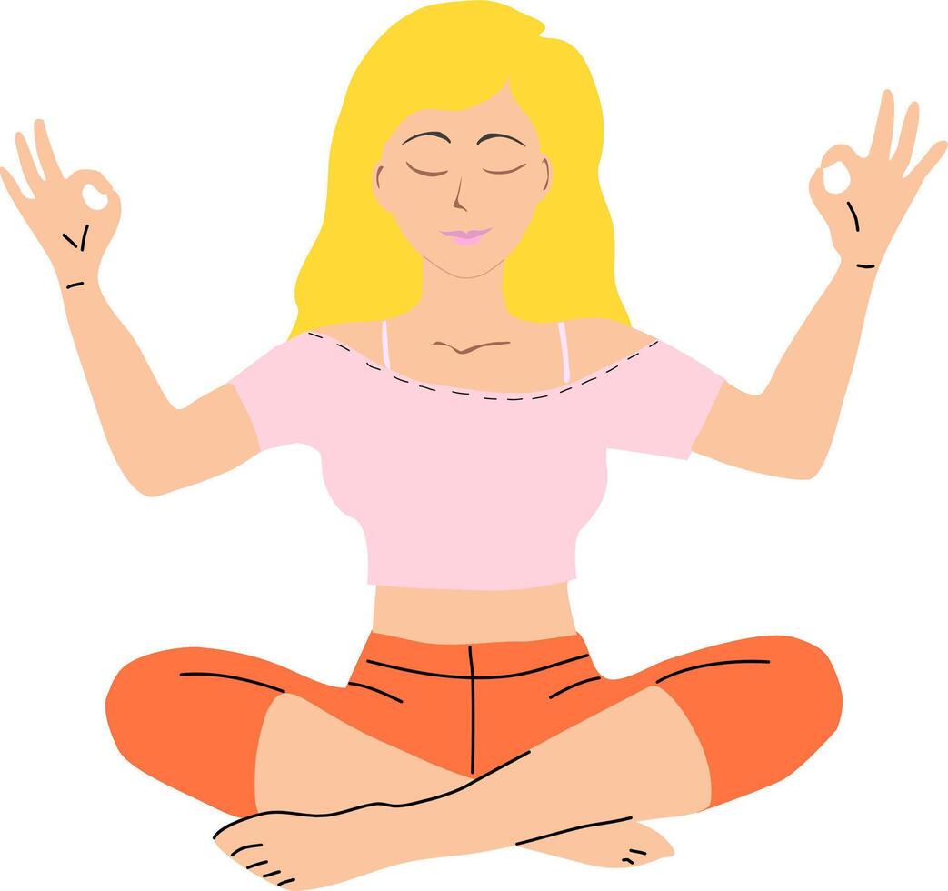 atractivo rubia mujer en meditación pose. naranja fondo y rosado cima. el dedos son doblada en sitio de el índice dedo y pulgar. ilustración yoga niña con cerrado ojos en un sentado loto vector