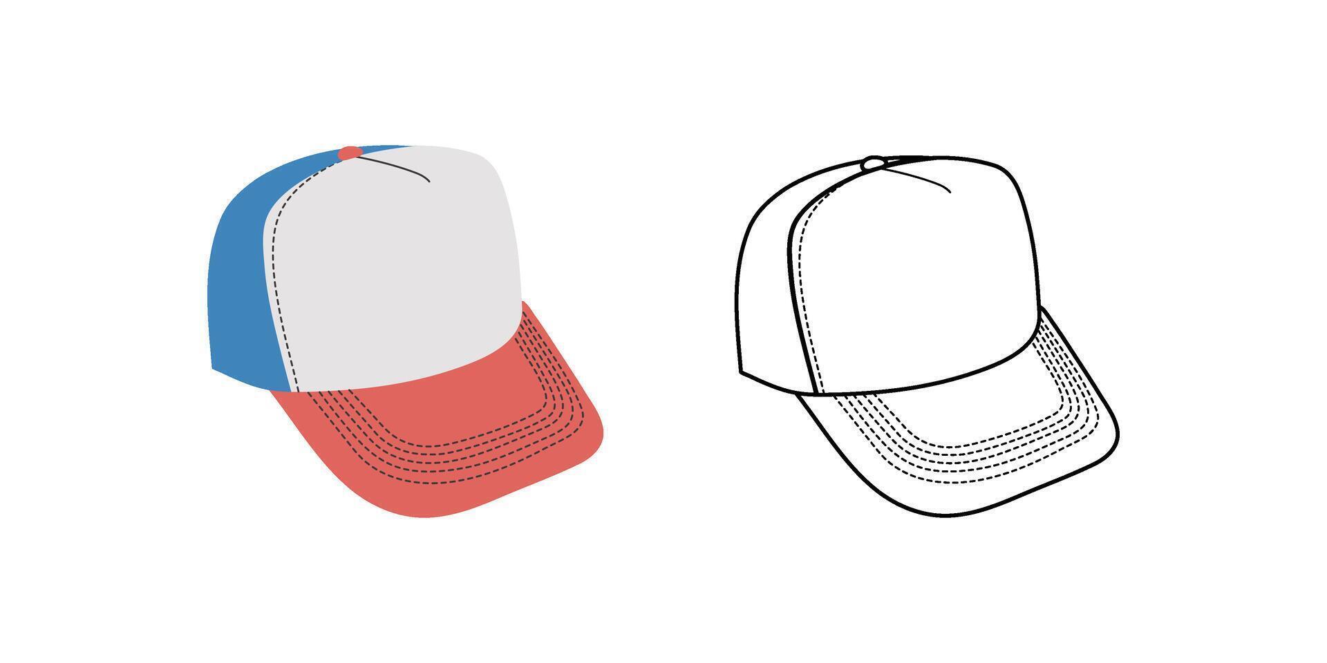 clásico y2k, 90s y 2000 estético. plano y contorno estilo gorra, béisbol gorra, Clásico elemento. dibujado a mano ilustración. parche, pegatina, insignia, emblema. vector