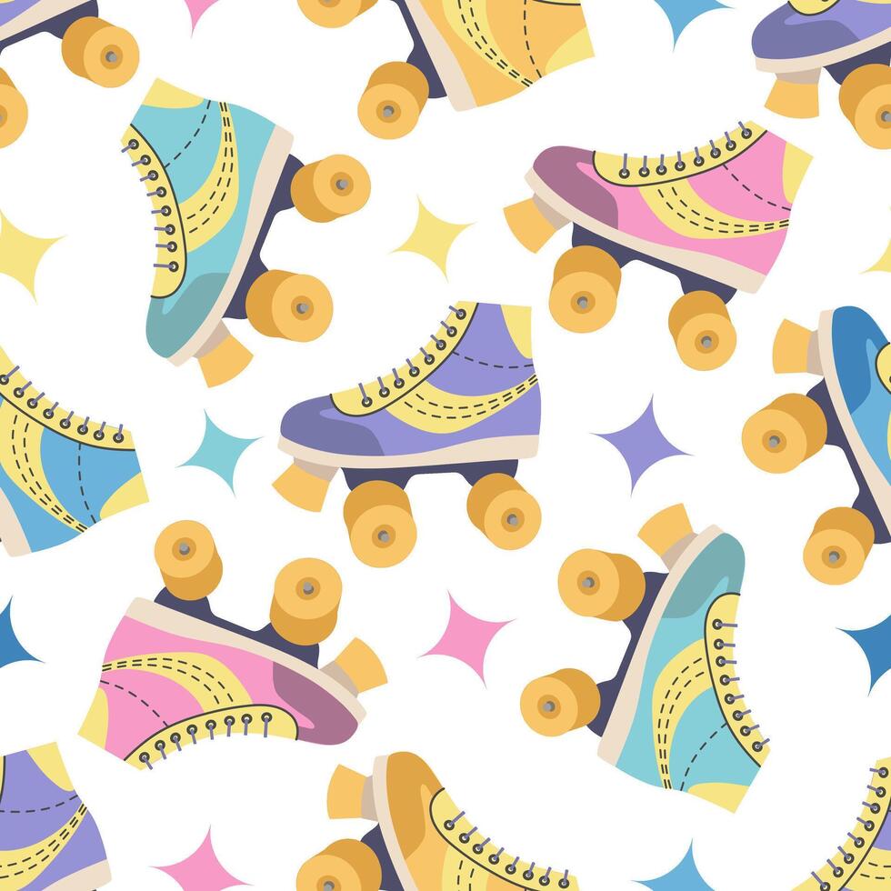 Classic y2k, 90s and 2000s aesthetic. Flat style retro quad roller skates, vintage seamless pattern. Hand-drawn illustration. vector