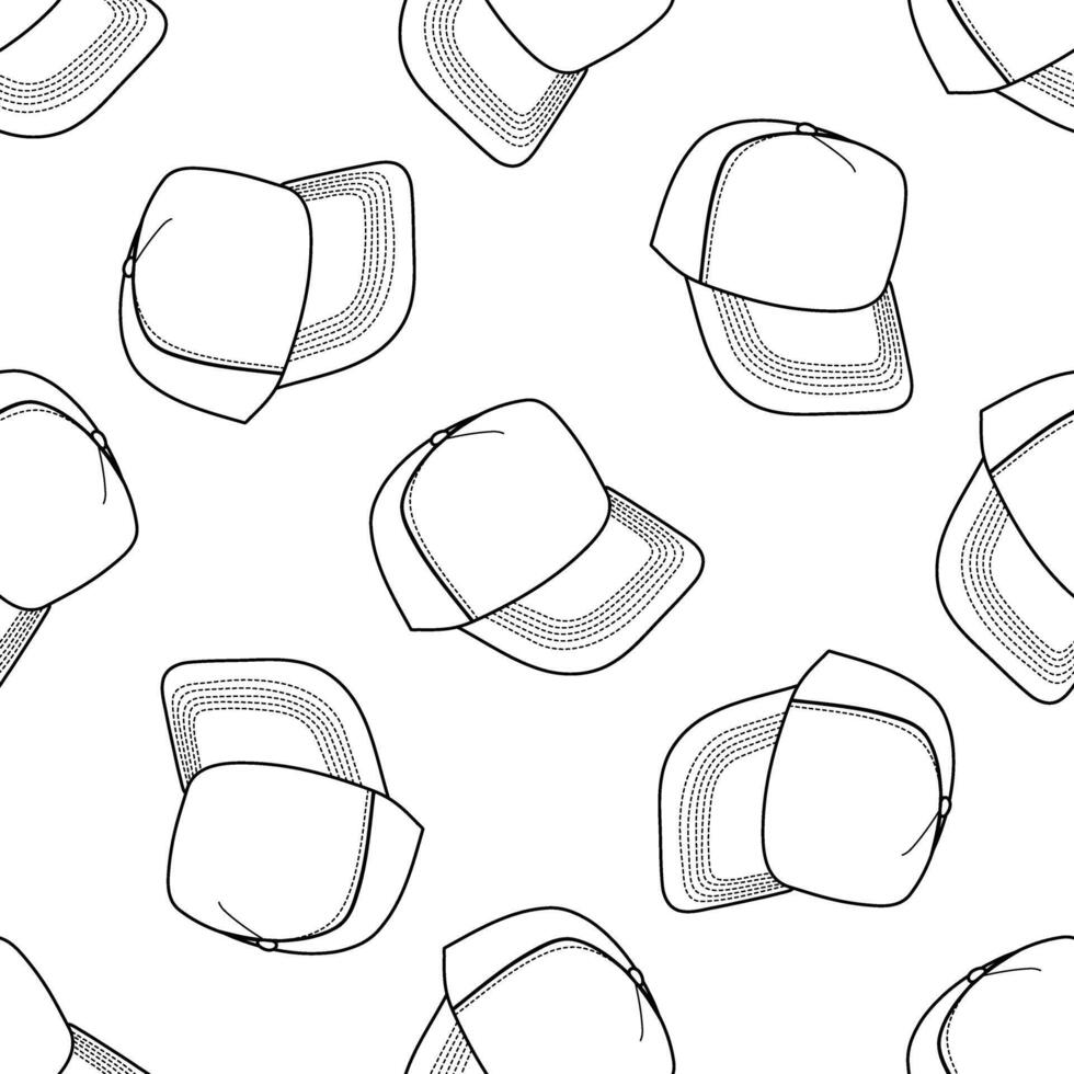 Classic y2k, 90s and 2000s aesthetic. Outline style cap, baseball cap, vintage seamless pattern. Hand-drawn illustration. vector