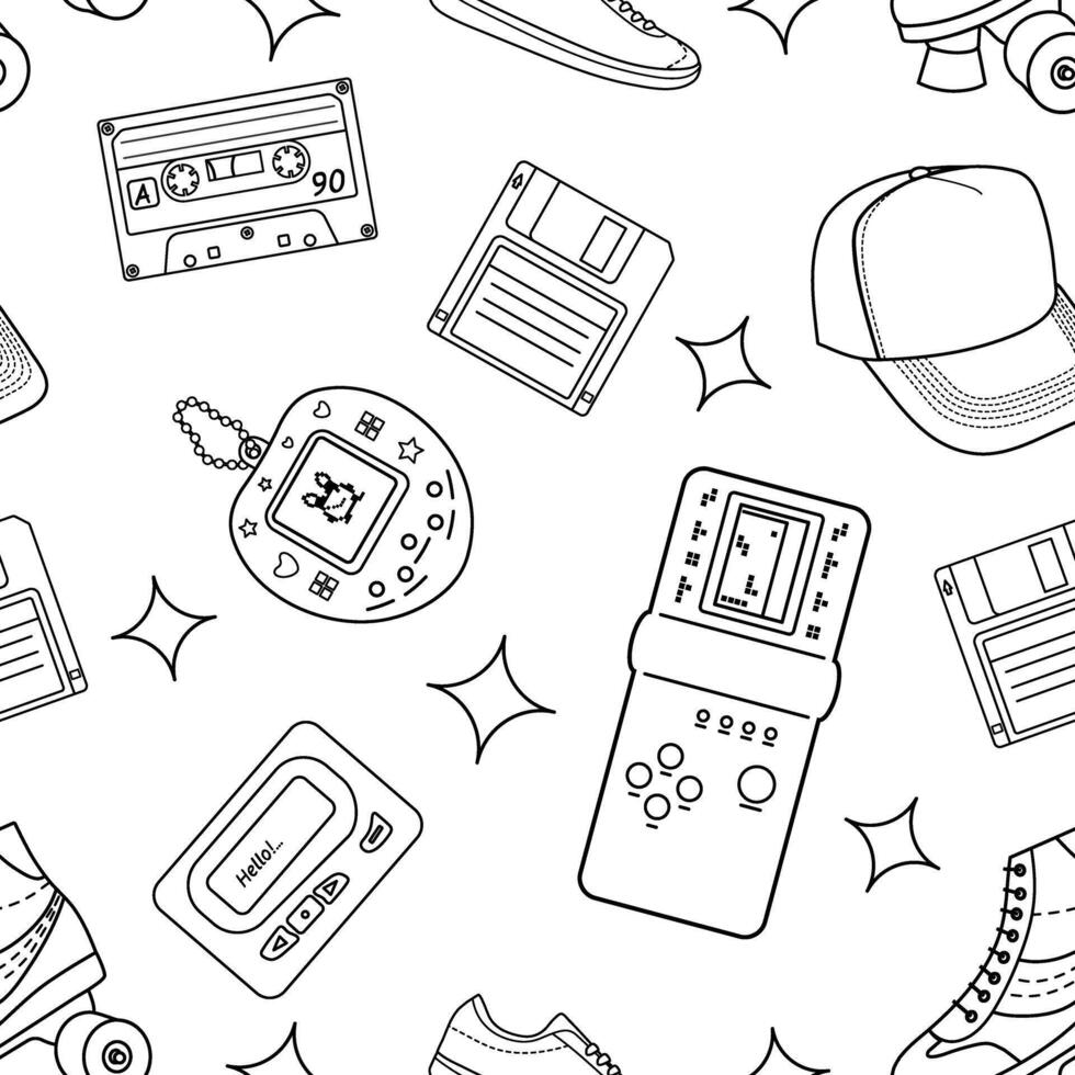Classic y2k, 90s and 2000s aesthetic. Outline style vintage seamless pattern. Hand-drawn illustration. Patch, sticker, badge, emblem. vector