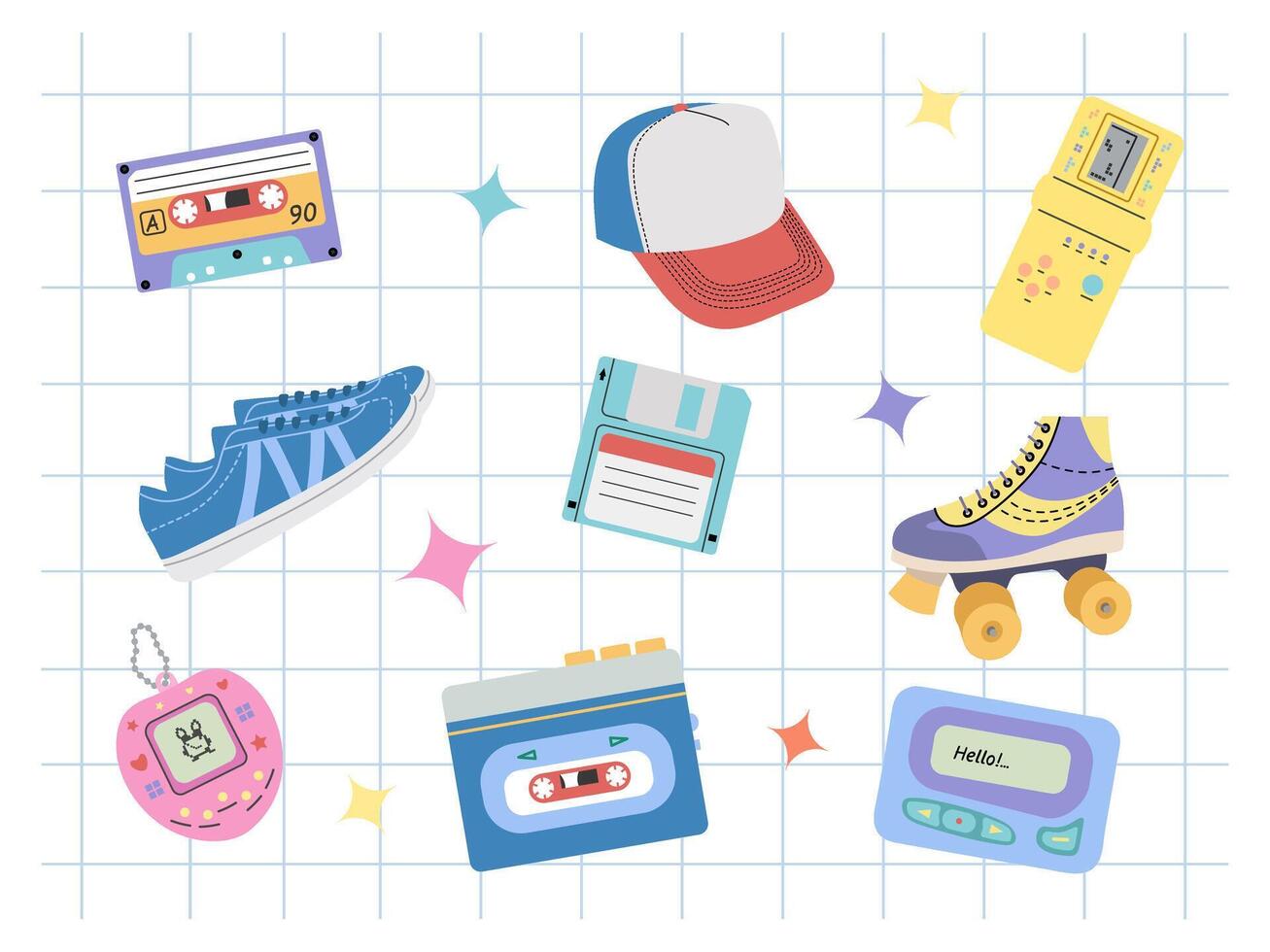 Classic y2k, 90s and 2000s aesthetic. Flat style set of vintage elements. Hand-drawn illustration on background of checkered notebook sheet. Patch, sticker, badge, emblem. vector