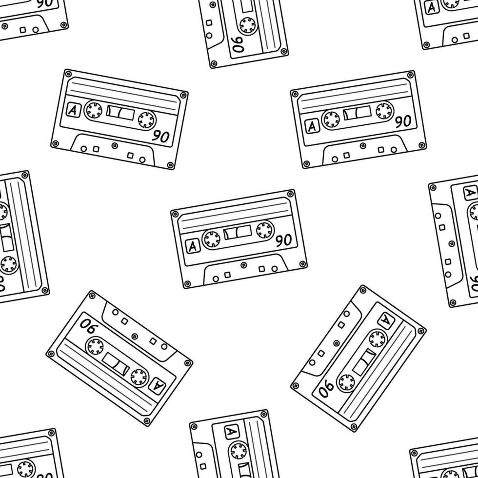 Classic y2k, 90s and 2000s aesthetic. Outline style audio cassette, vintage seamless pattern. Hand-drawn illustration. vector