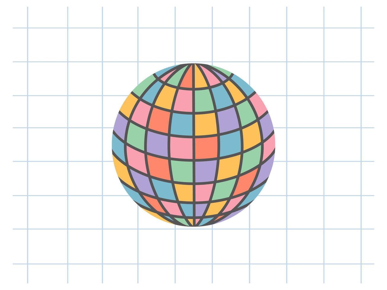 Classic y2k, 90s and 2000s aesthetic. Flat style retro Disco Ball, vintage element. Hand-drawn illustration on background of checkered notebook sheet.. Patch, sticker, badge, emblem. vector