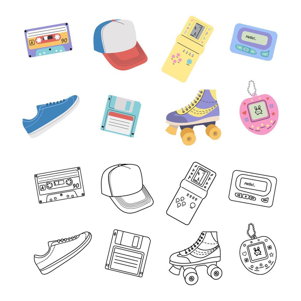 Classic y2k, 90s and 2000s aesthetic. Flat and outline style set of vintage elements. Hand-drawn illustration. Patch, sticker, badge, emblem. vector