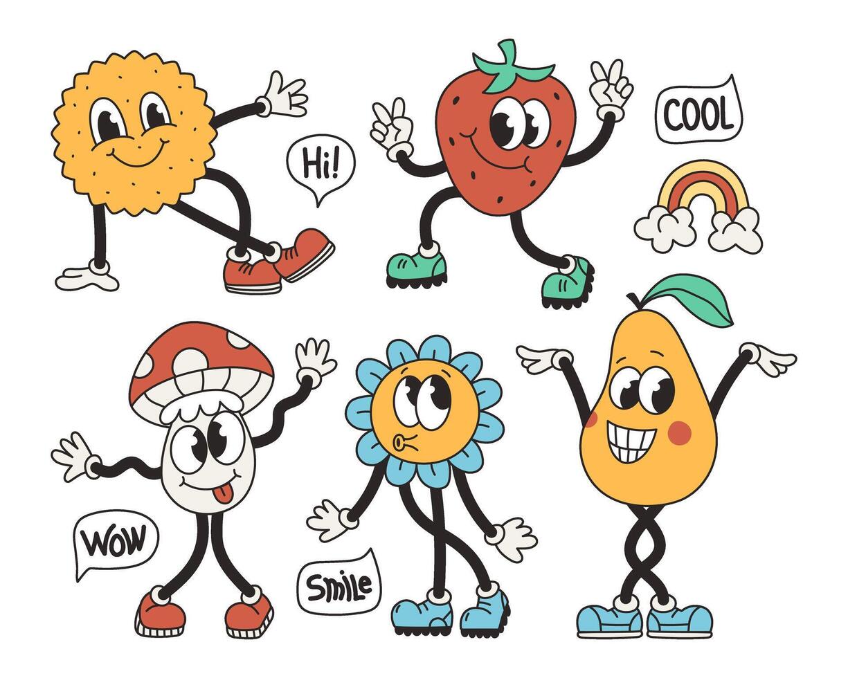 conjunto de retro ranura personaje. gracioso Clásico mascota flor, Galleta, fruta, habla burbuja. dibujos animados ilustración vector