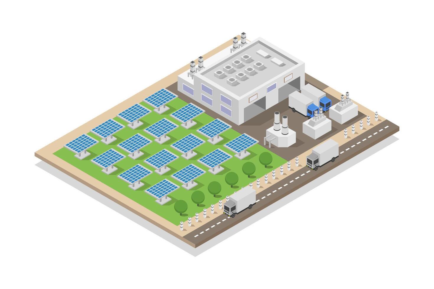 Illustrated isometric solar panel power plant vector
