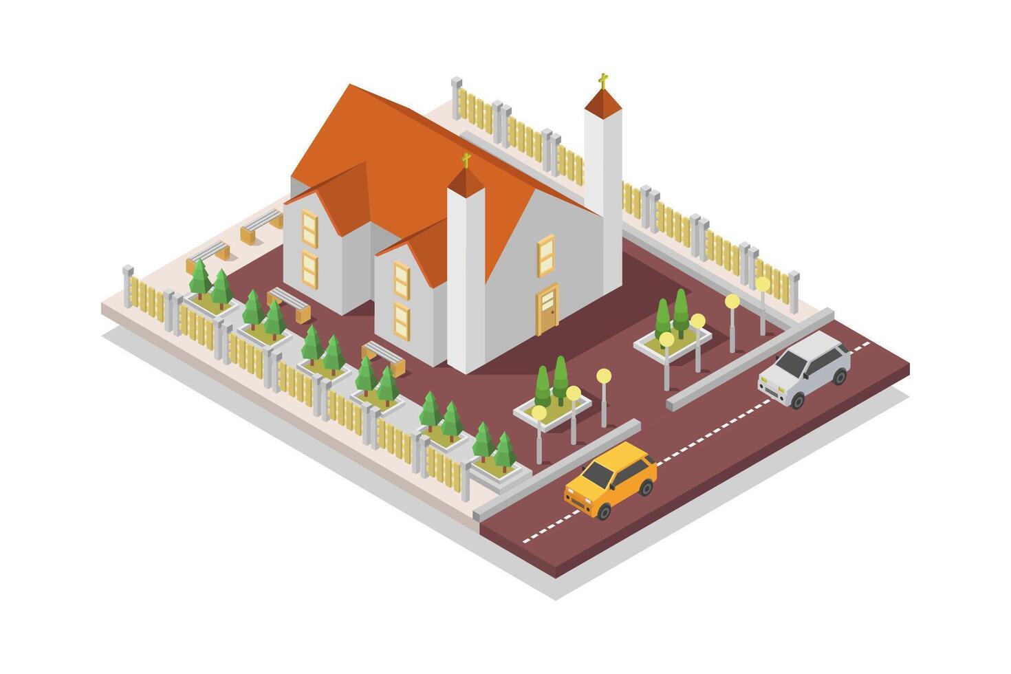 Illustrated isometric church building vector