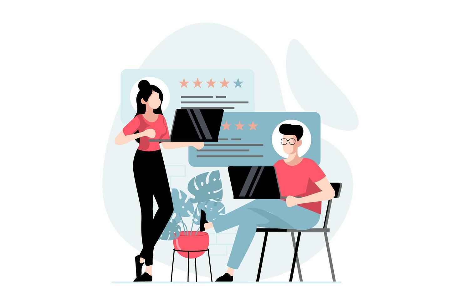 Feedback page concept with people scene in flat design. Man and woman leave good comments with positive experience and describe user experience. illustration with character situation for web vector