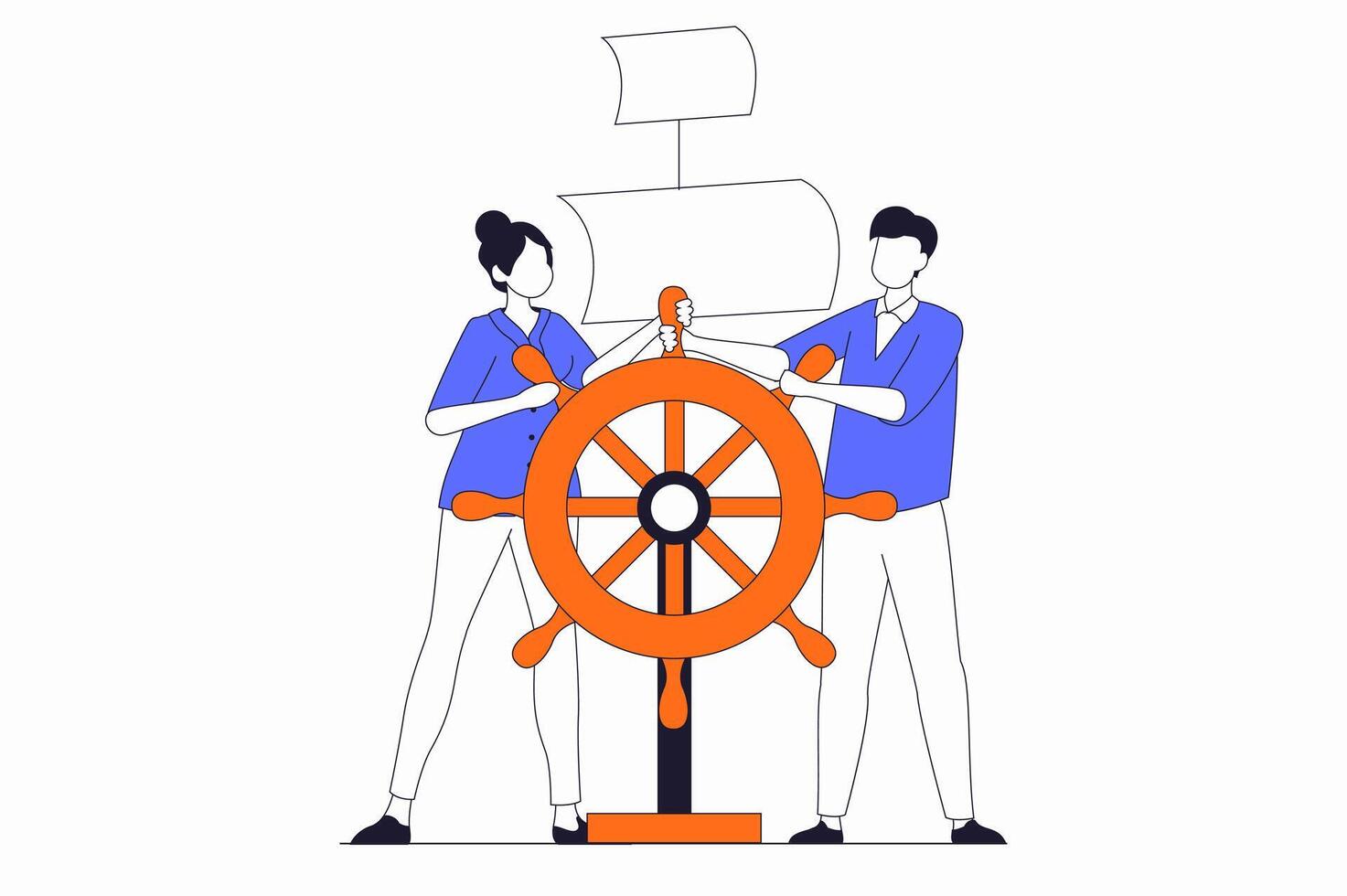 Teamwork concept with people scene in flat outline design. Man and woman hold steering wheel of ship, achieve goals and develop business. illustration with line character situation for web vector