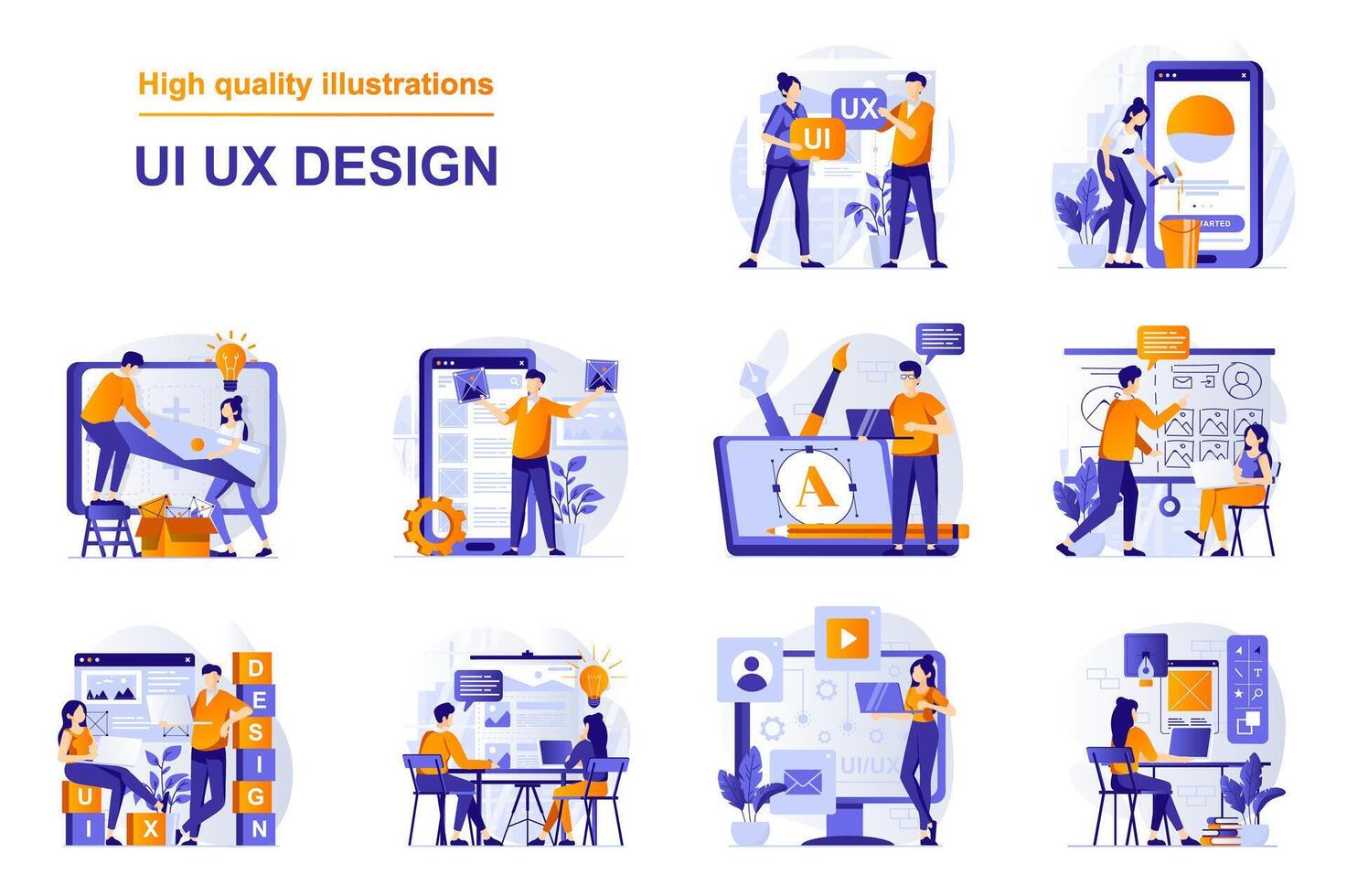 UI UX design web concept with people scenes set in flat style. Bundle of designers doing research and prototyping, creates usability layout for mobile apps. illustration with character design vector