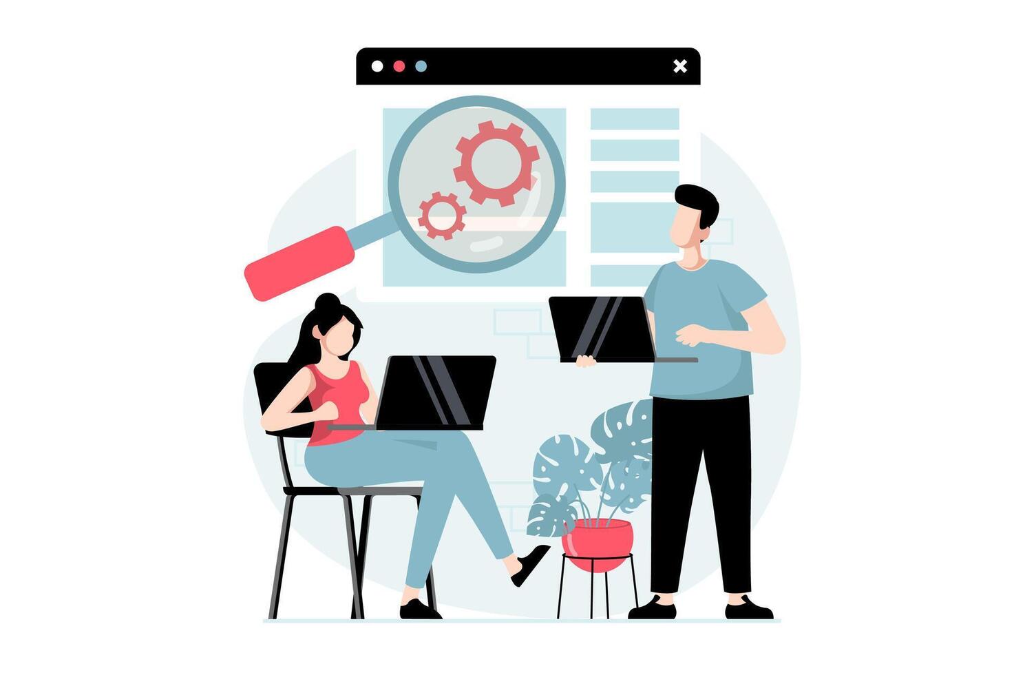 Focus group concept with people scene in flat design. Woman and man conduct market research, analyze buyers and create advertising to business. illustration with character situation for web vector