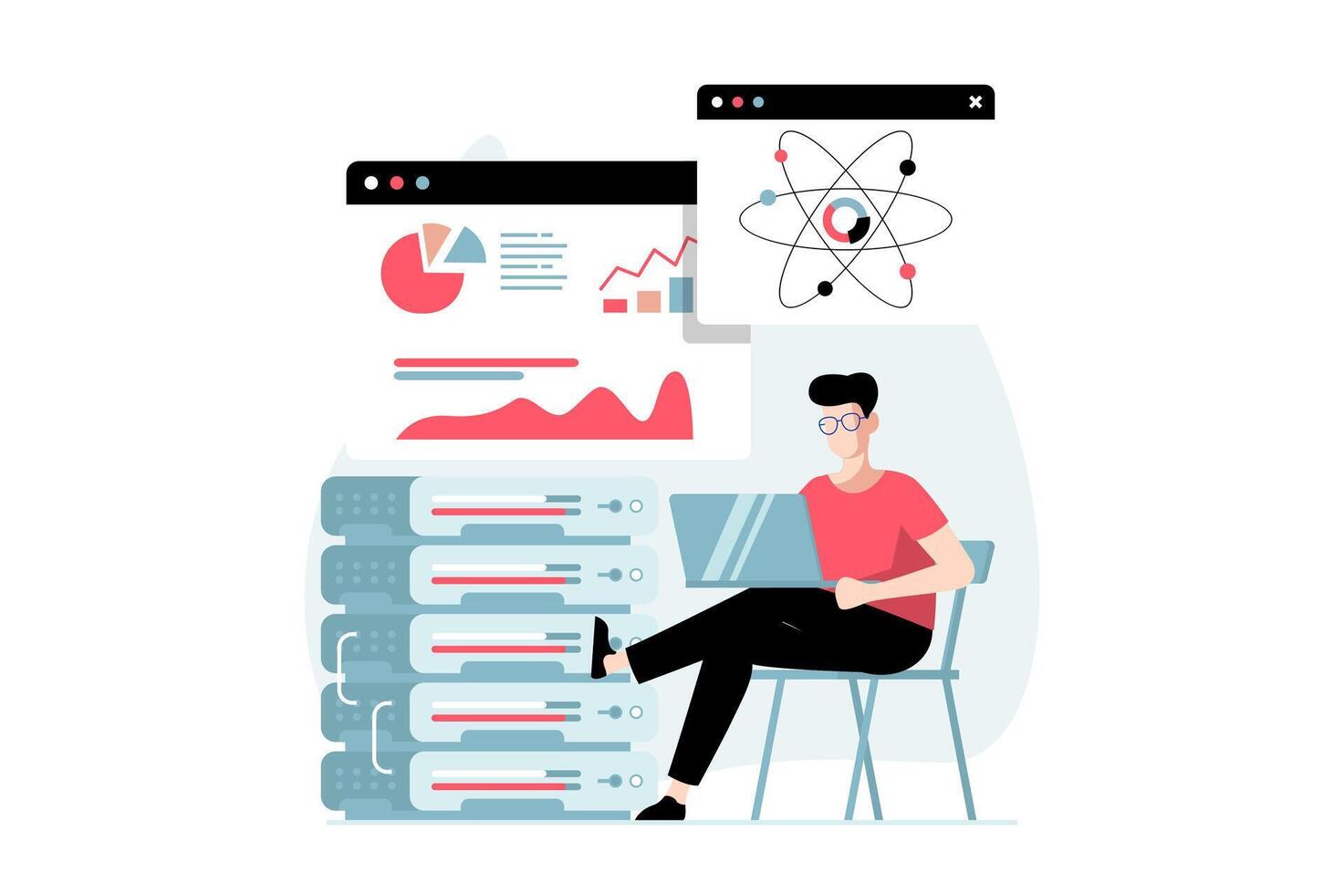 Data science concept with people scene in flat design. Man scientist working with molekules, studying statistics charts, using database at server. illustration with character situation for web vector