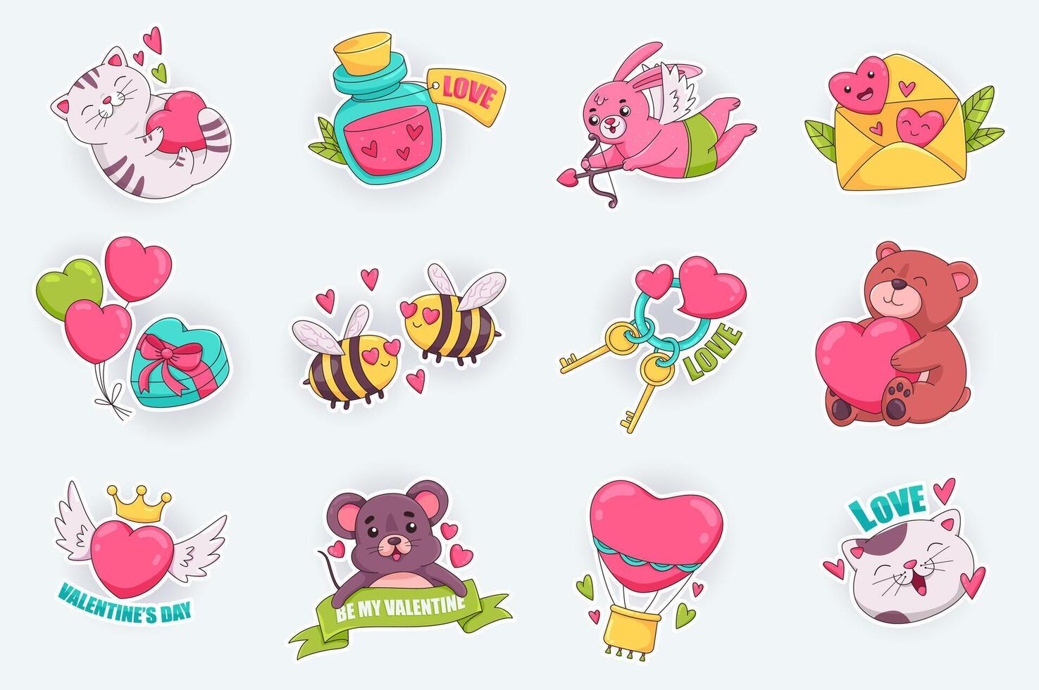 Valentine Day cute stickers set in flat cartoon design. Happy cat with heart, love potion, cupid bunny, loving bees, balloons with gift and other. illustration for planner or organizer template vector