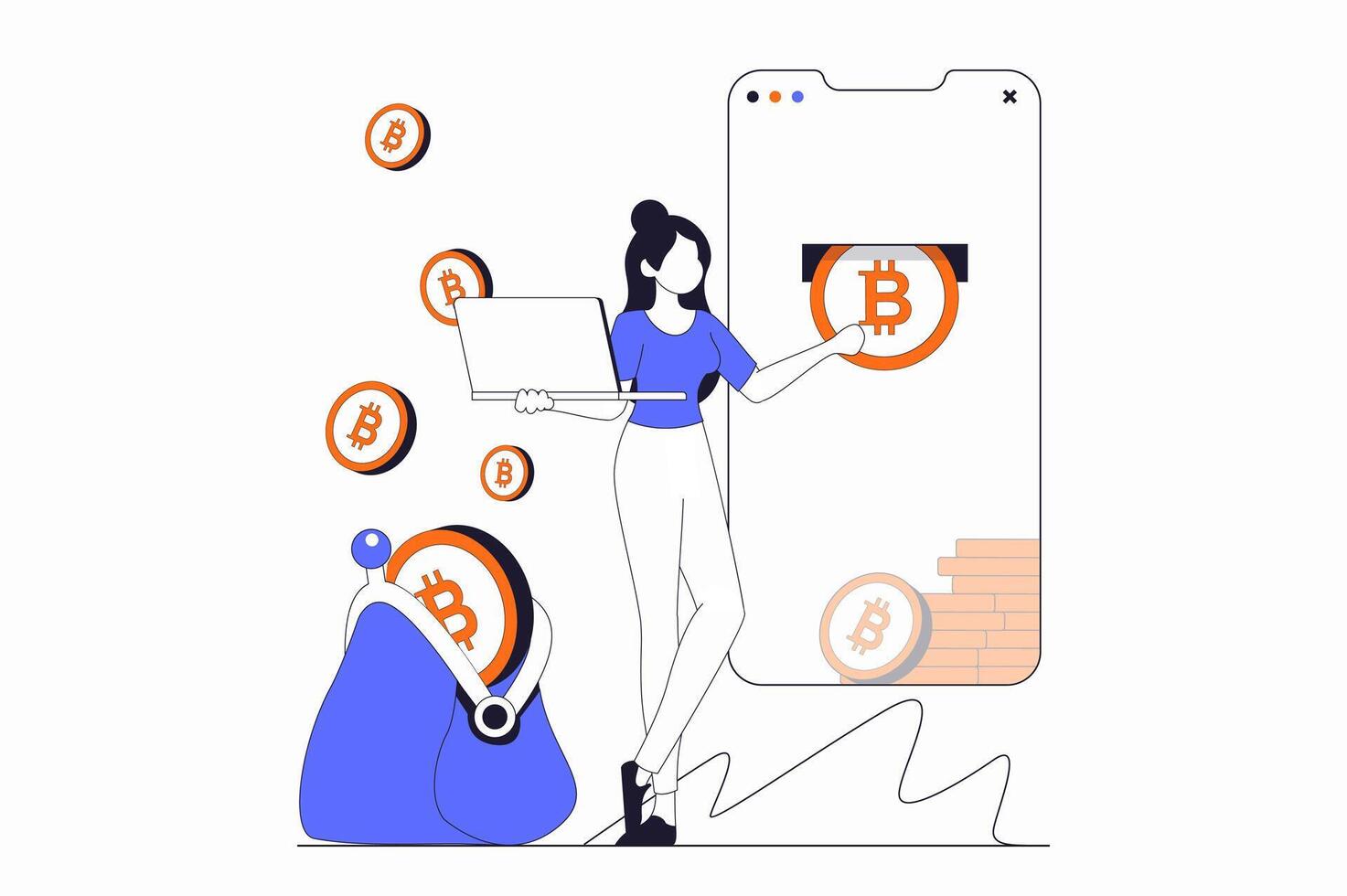 Cryptocurrency mining concept with people scene in flat outline design. Woman mining bitcoin in digital wallet using mobile phone and laptop. illustration with line character situation for web vector