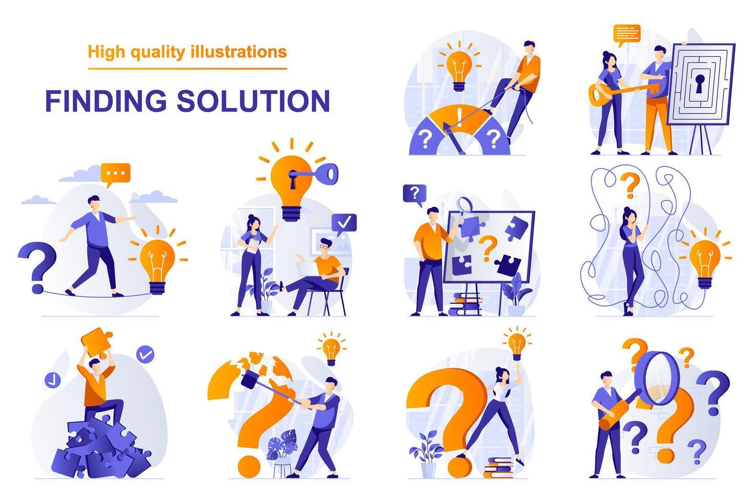 Finding solution web concept with people scenes set in flat style. Bundle of brainstorming, human creativity, generate ideas, thinking questions, challenge. illustration with character design vector