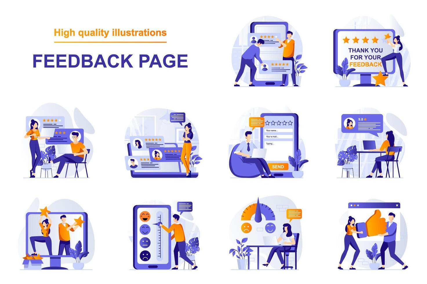 Feedback page web concept with people scenes set in flat style. Bundle of customer satisfaction, high rating stars and likes, positive client experience. illustration with character design vector