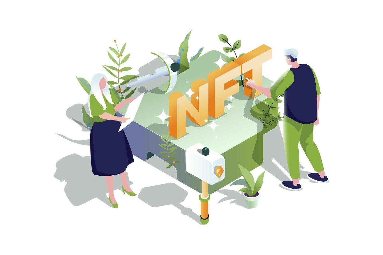 NFT technology web concept in 3d isometric design. People create digital artworks with unique non-fungible tokens, selling arts on online auctions and cyber marketplaces. web illustration. vector