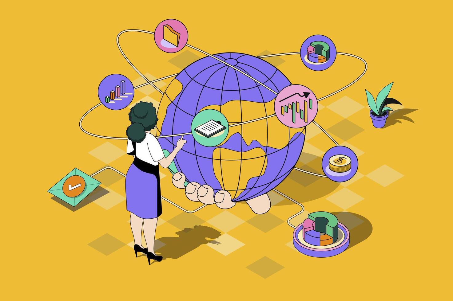 Global business web concept in 3d isometric design. Woman works and develops international company, sets tasks for employees and expands business. web illustration with people isometry scene vector