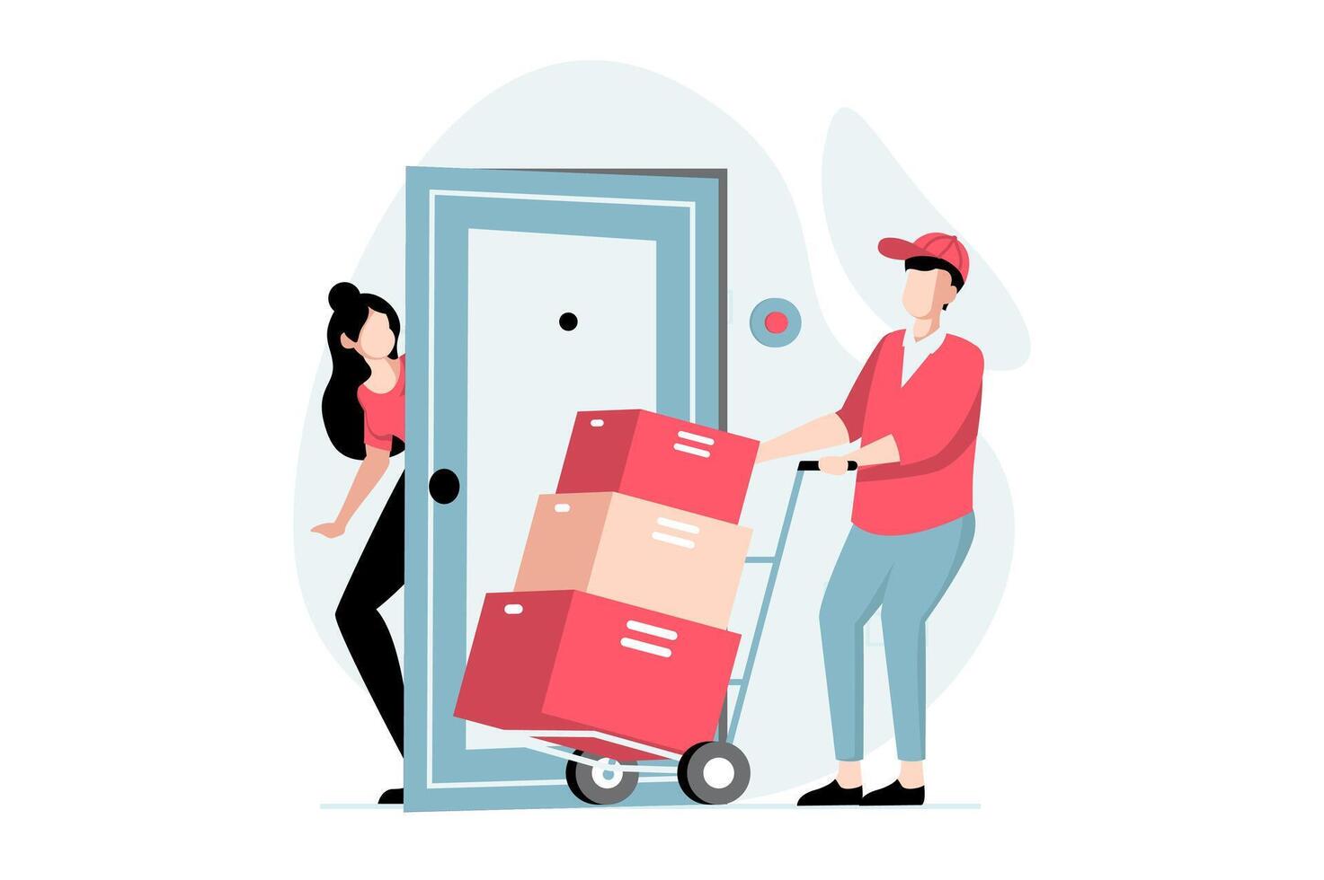 Delivery service concept with people scene in flat design. Man courier carrying boxes on wheelbarrow to door. Woman receiving parcels at home. illustration with character situation for web vector