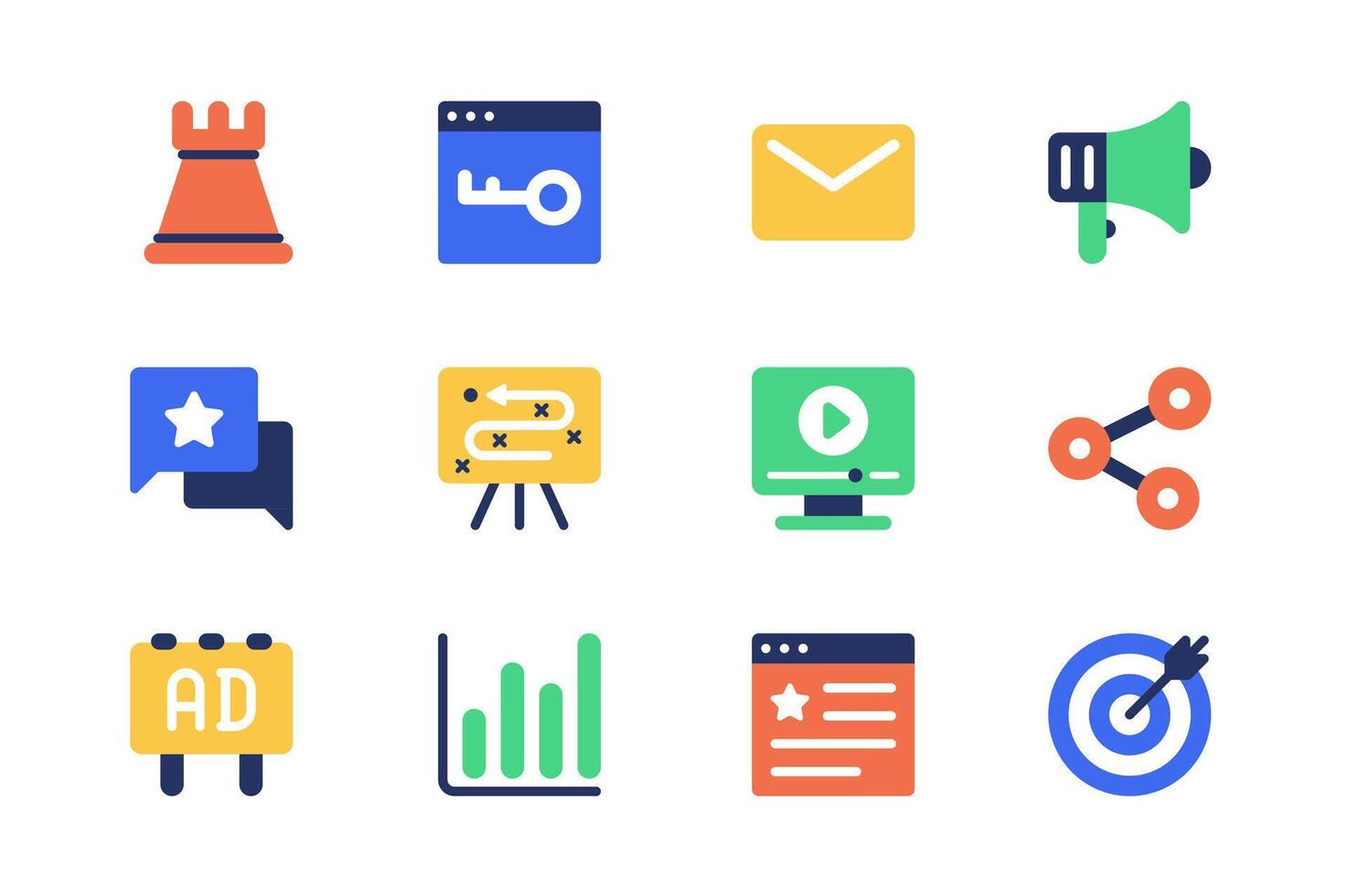 Marketing concept of web icons set in simple flat design. Pack of chess, keyword, email, advertising megaphone, feedback message, content, link, target and other. pictograms for mobile app vector