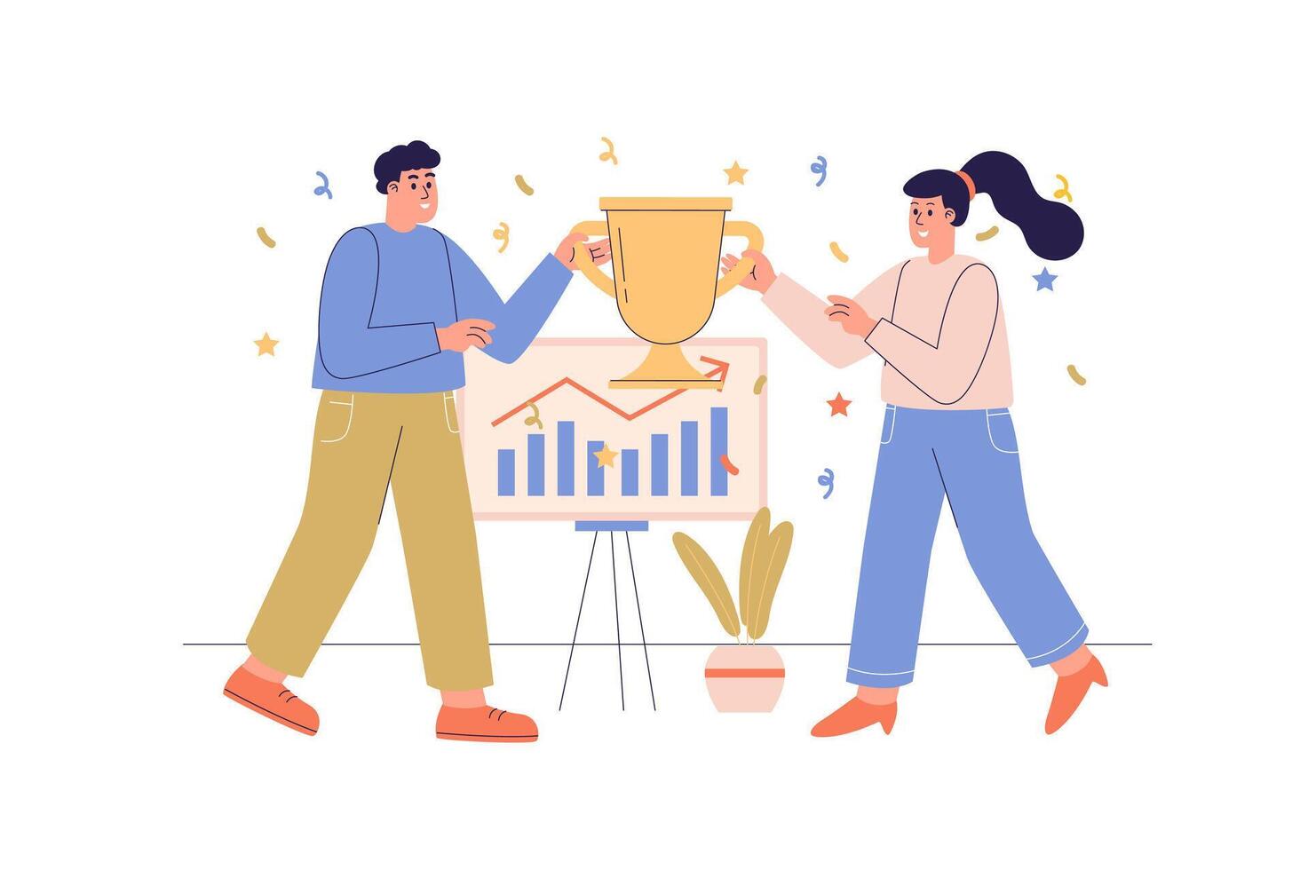 Business award web concept with people scene. Woman and man winning, holding golden cup, celebrating goal achievement and career development. Character situation in flat design. illustration. vector