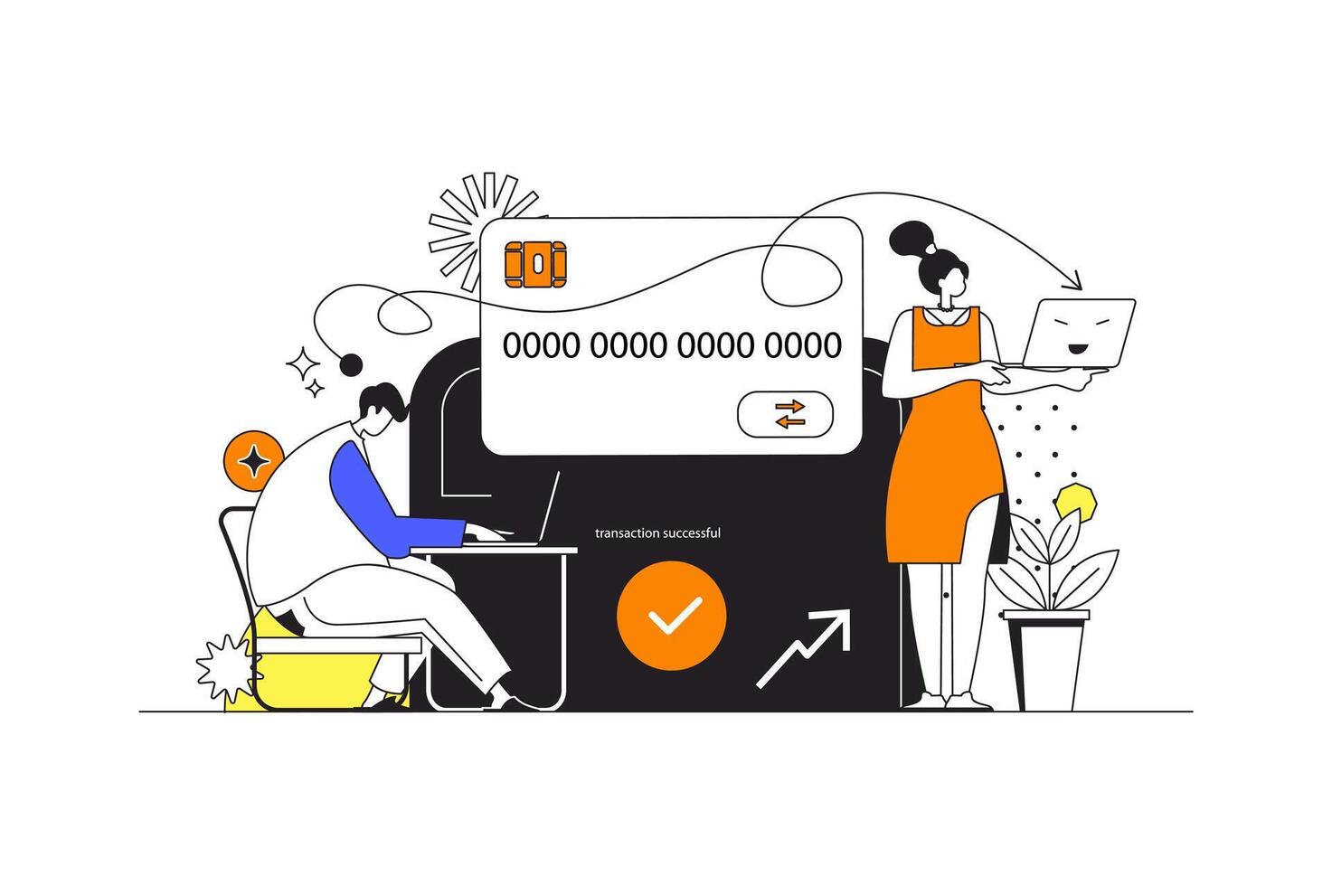 Money transfer web concept in flat outline design with characters. Woman and man customers paying for purchases in online service at website using credit card, people scene. illustration. vector