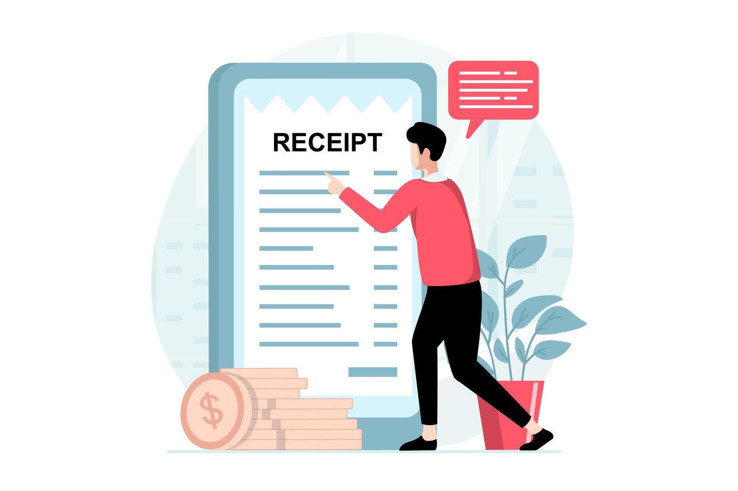 Electronic receipt concept with people scene in flat design. Man receives digital invoice and paying online using mobile banking application. illustration with character situation for web vector