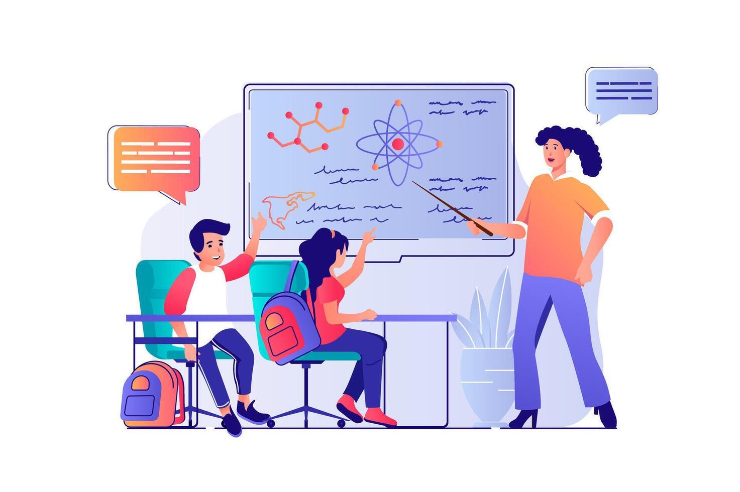 School learning concept with people scene. Boy and girl pupils studying in classroom, teacher explaining lesson and pointing at blackboard. illustration with characters in flat design for web vector