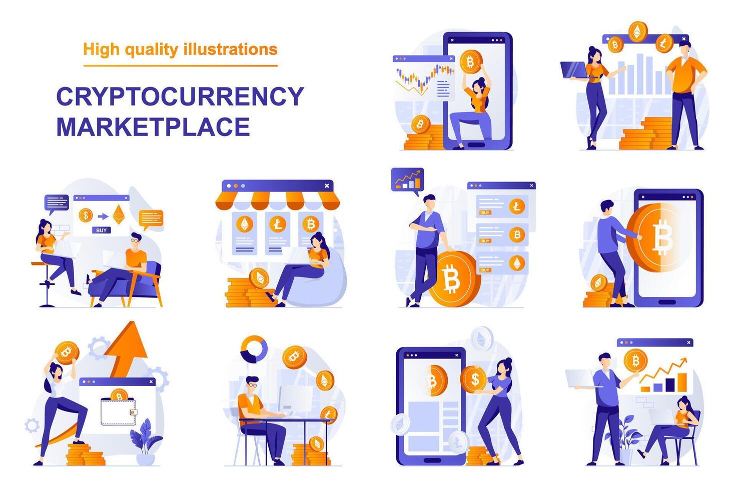 Cryptocurrency marketplace web concept with people scenes set in flat style. Bundle of analysing financial data, buying bitcoins, crypto market operations. illustration with character design vector