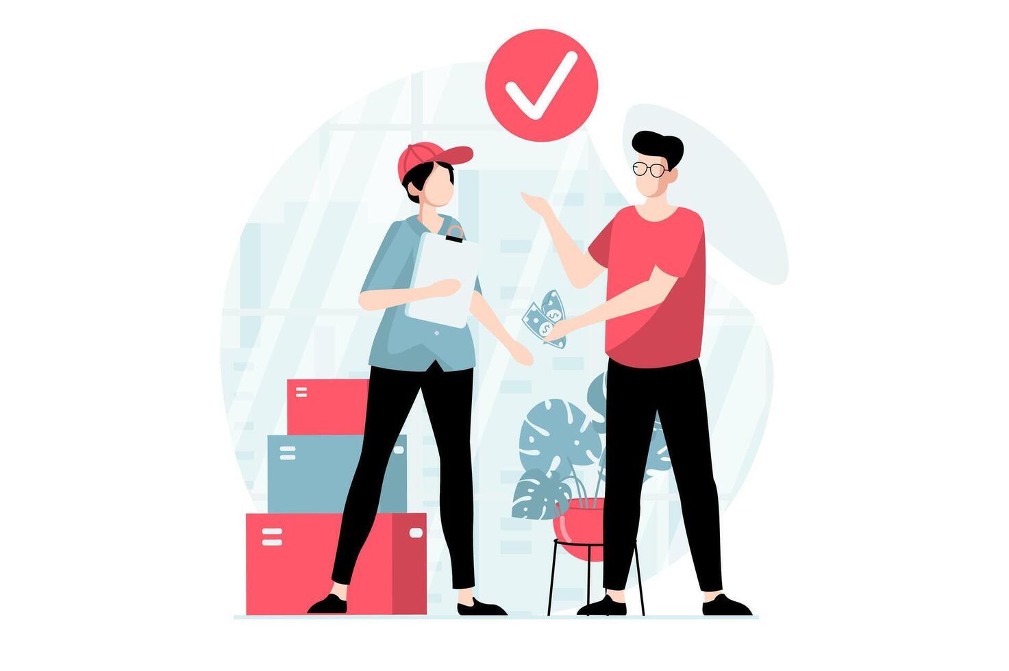Delivery service concept with people scene in flat design. Man receives postal parcels in box at home and paying for courier service fast shipping. illustration with character situation for web vector